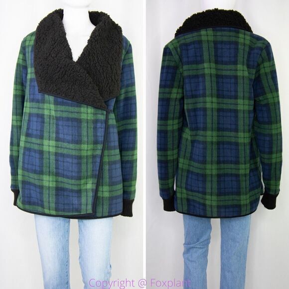NWT JACHS Girlfriend green blue plaid Buffalo Sherpa jacket, size M - Picture 1 of 16